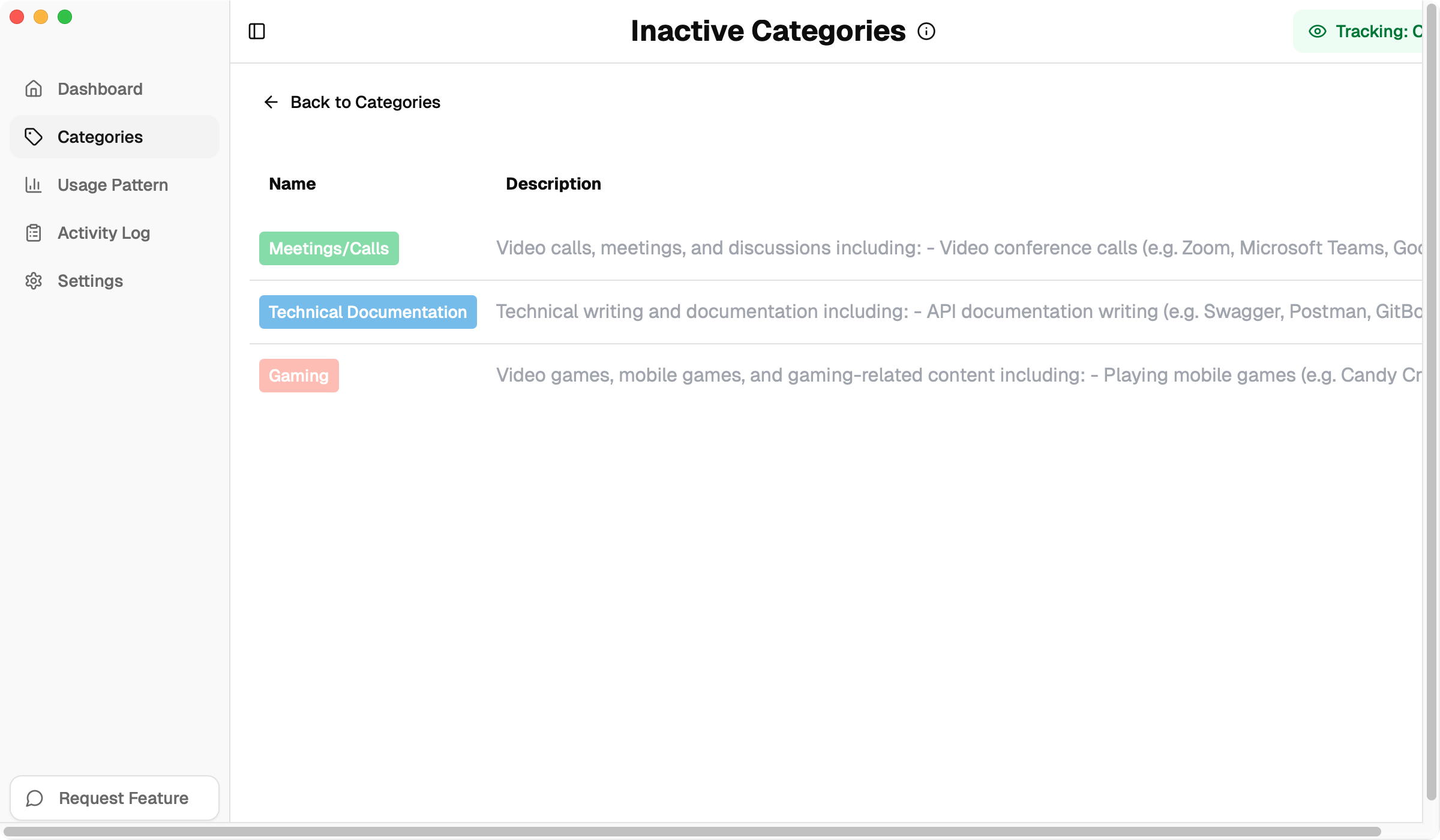 Old inactive categories view