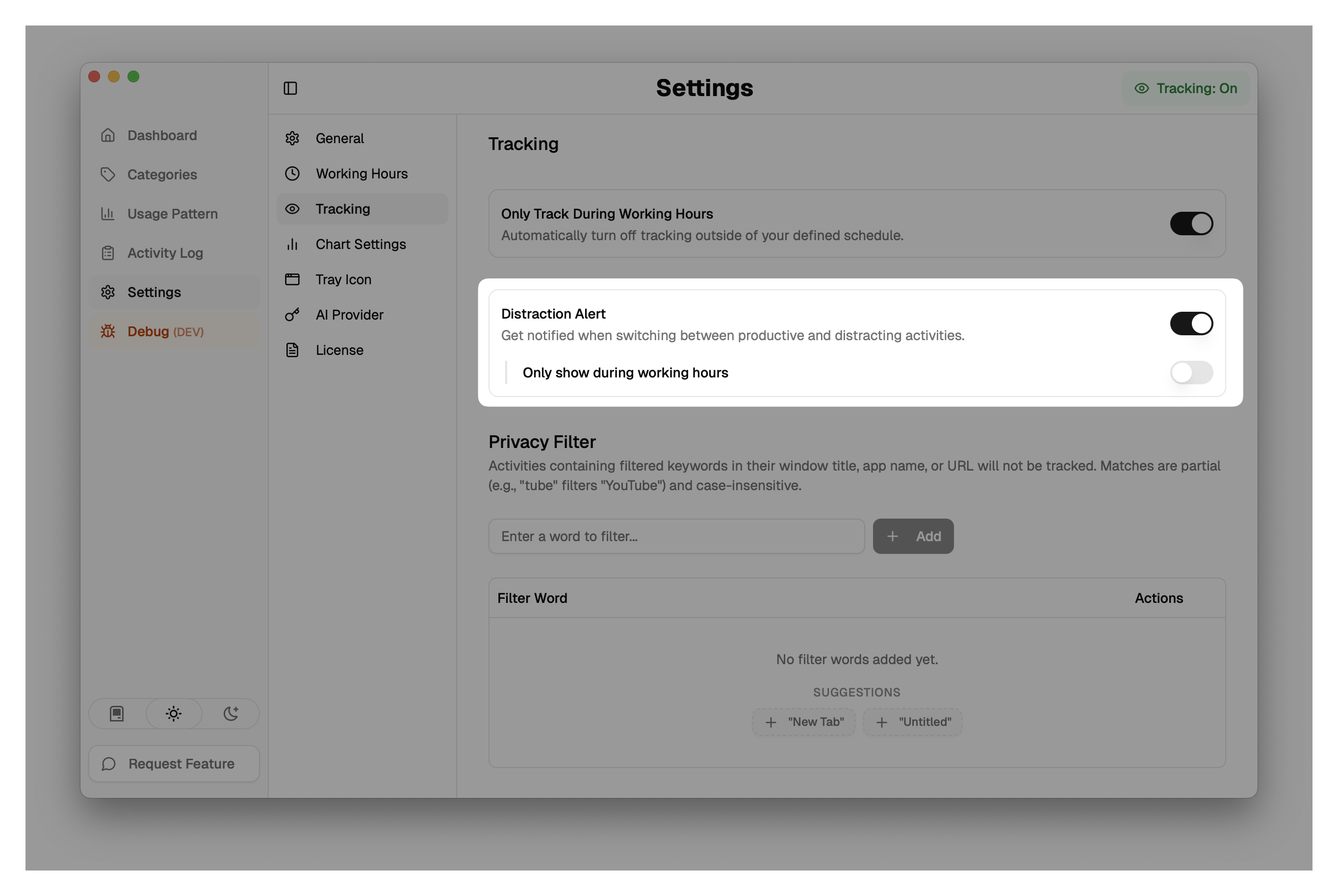 Distraction Alert Setting Position