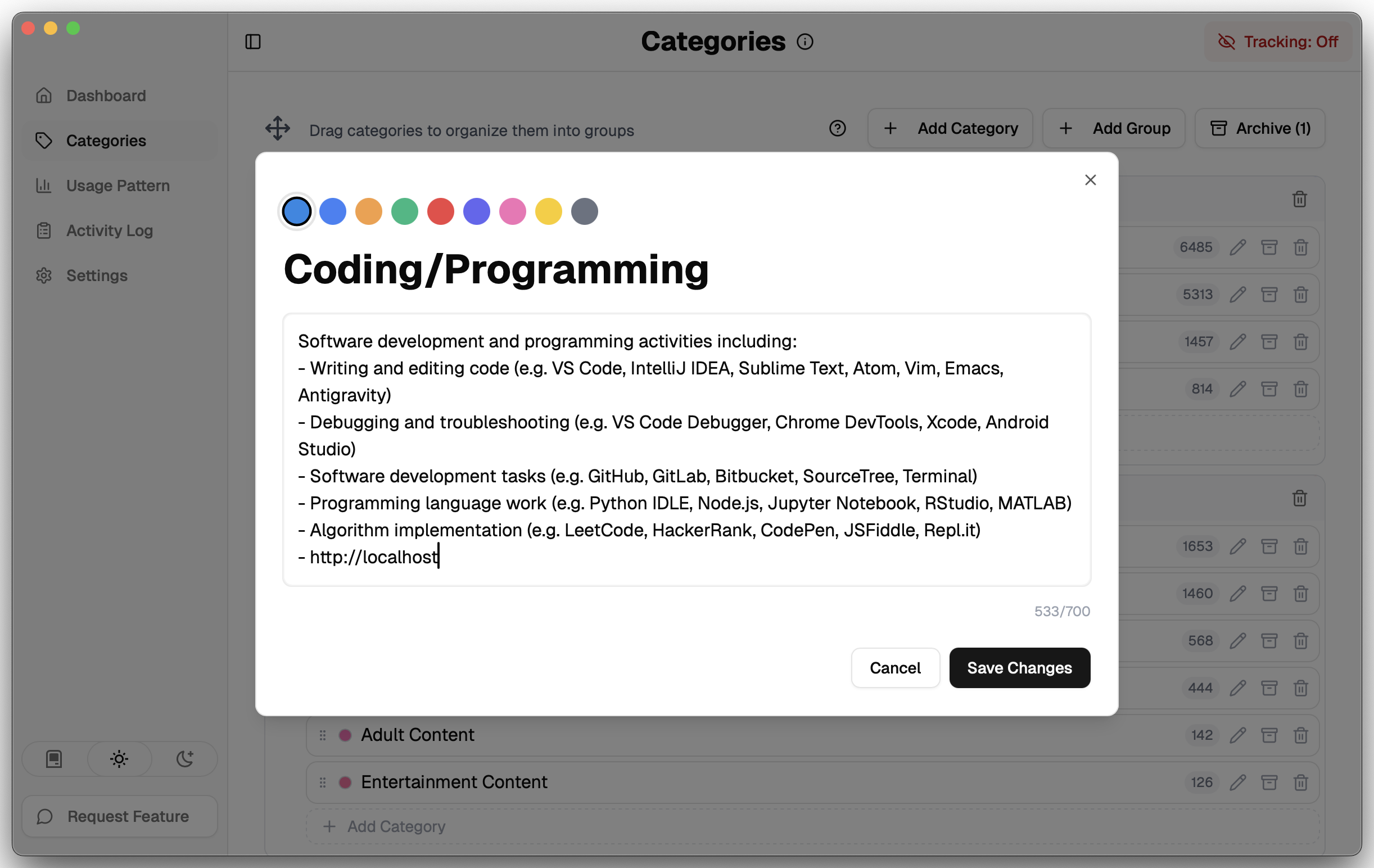 Example of a category definition for Coding/Programming